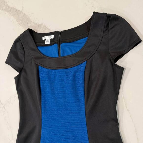London Style CapSleeve Sheath Mini Dress Womens 6 Black/Blue Wavy Stretch Career - Picture 3 of 9